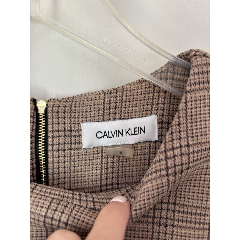 Vtg Calvin Klein Dress 4 Knee Fit & Flare Plaid Check Brown Soft Puff Sleeve - Picture 14 of 14